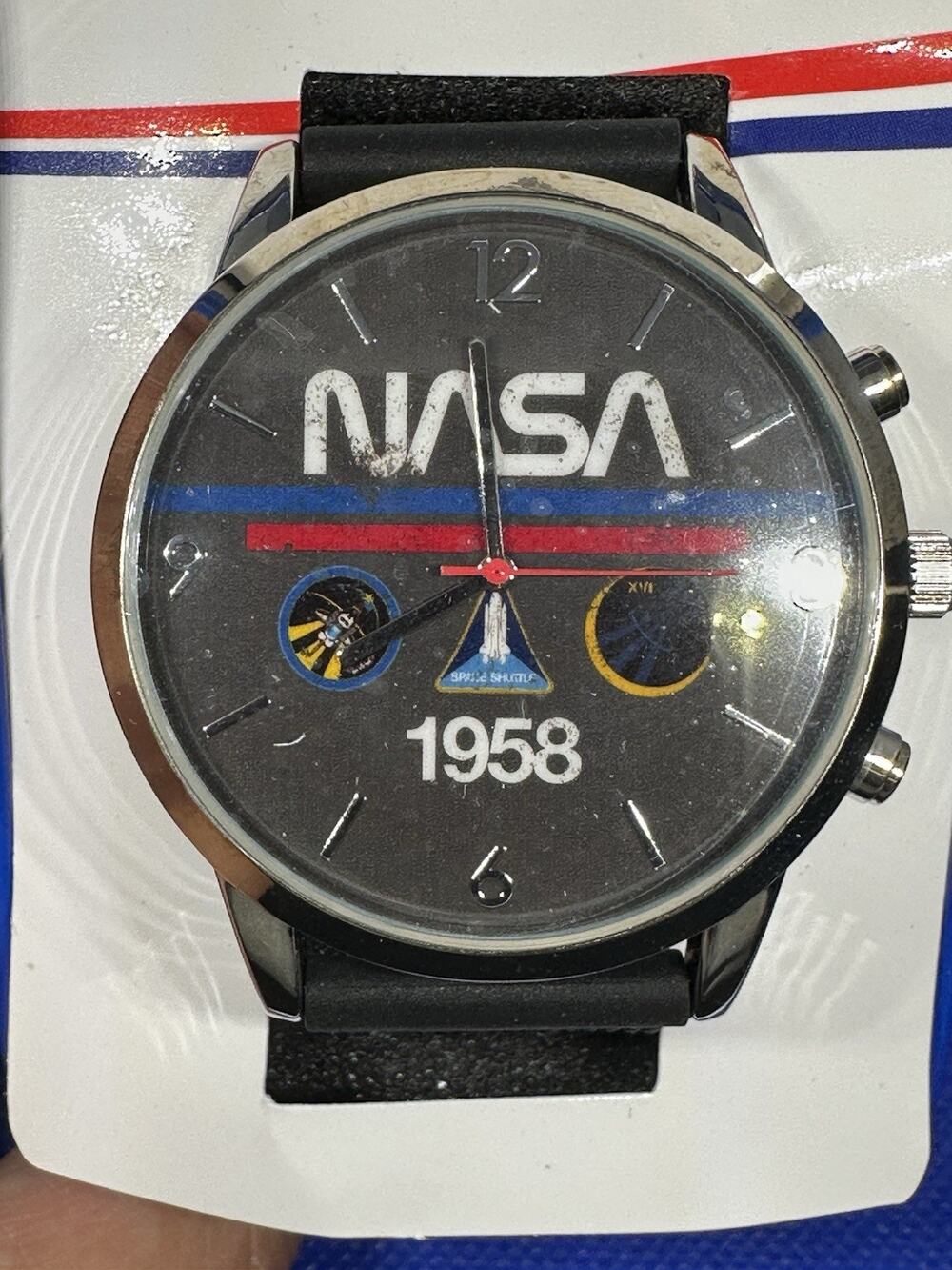 NASA 1958 Men's Watch Black Dial Silicone Strap Original Metal Tin Space